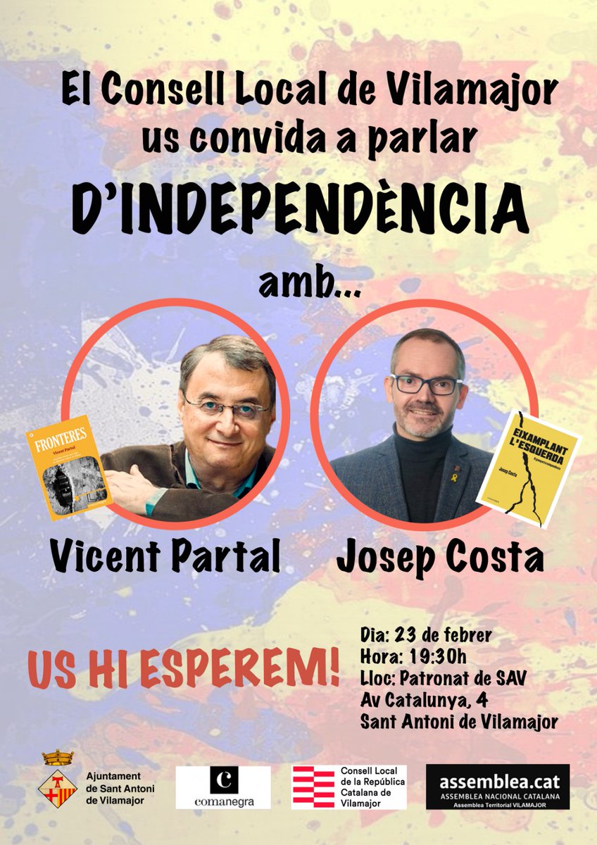 Què farem el 23F a Vilamajor? Doncs tossuts i alçats cap a la independència! Gràcies <a href="/josepcosta/">Josep Costa</a> i <a href="/vpartal/">Vicent Partal</a> per estar amb nosaltres en aquesta efemèride!
Gràcies <a href="/savilamajor_cat/">Ajuntament SAV</a> per fer-ho possible.
Gràcies <a href="/ANCVilamajor/">ANC Vilamajor</a> pel vostre suport.
Gràcies <a href="/Comanegra/">Editorial Comanegra</a> per l'ajut
Som-hi!