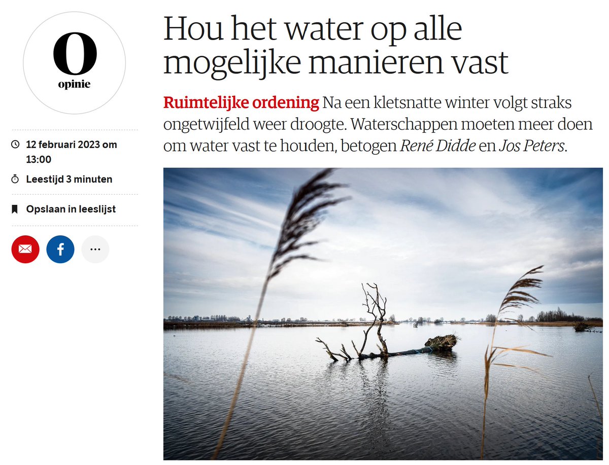 Na een kletsnatte winter volgt straks ongetwijfeld weer #droogte. Waterschappen moeten meer doen om water vast te houden, betoog ik vandaag met <a href="/JosPeters56/">Jos Peters</a> in @NRC. nederlanddroogteland.nl/2023/02/13/hou…