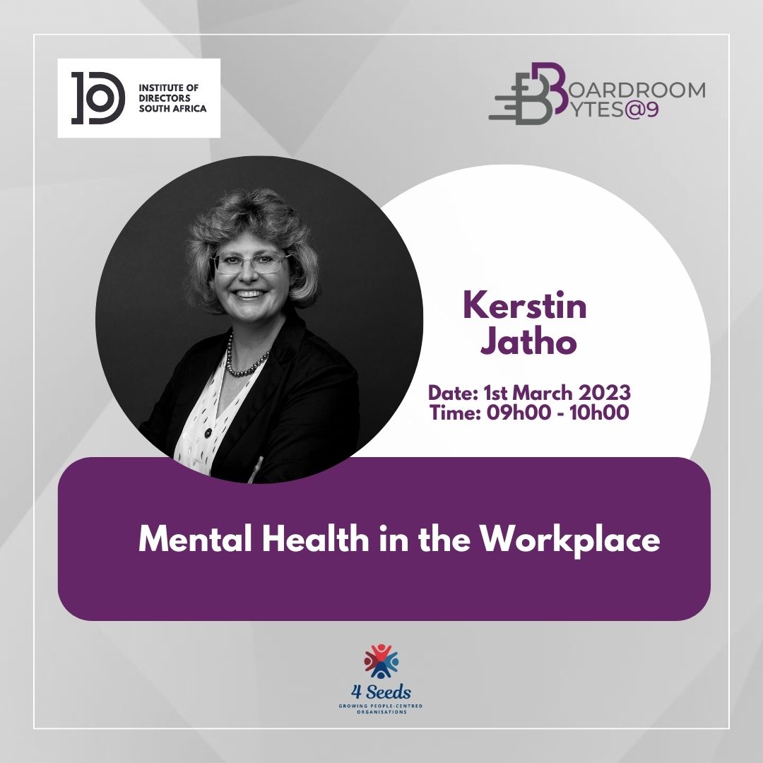 The_IoDSA's tweet photo. Are you an #IoDSA member? Join our next Boardroom Bite@9 session on 1 March. Taking care of mental health in the workplace is an ethical obligation for leaders.  We will unpack this important topic with Kerstin Jatho from 4Seed Consulting.
Register: https://t.co/q1agT4rbCn https://t.co/TDMQsu6fxs