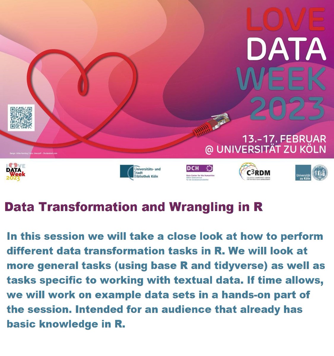 Happy to share that Max (Hörl) and I hold an online workshop on 'Data Transformation and Wrangling in R' on Tuesday, Feb 14, 14-16, as part of the International @LoveDataWeek. Registration is free, and open to everyone. #LoveData23 #FDM 
Link to register: uni-koeln.zoom.us/meeting/regist…