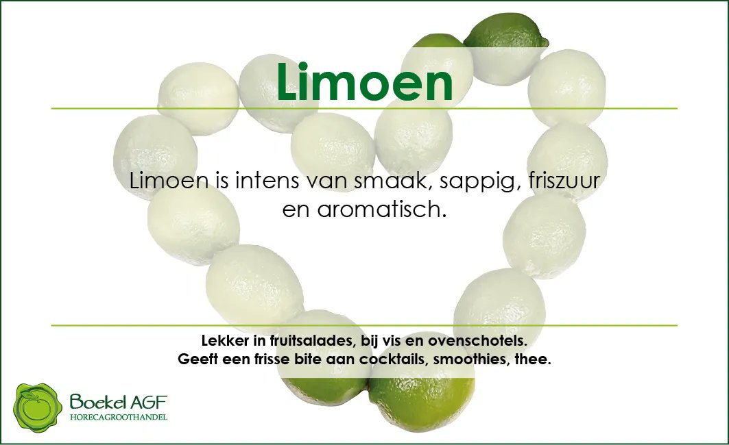 BoekelAGF's tweet photo. Limoen โค๏ธ
โข Check de aanbieding op de website โก๏ธ https://t.co/7xPq29npNe, bekijk de mailing โก๏ธ https://t.co/7CbzlSv9E5
#BoekelAGF #horecagroothandel #HealthyFood #artofplating #AGF #weekaanbieding #chefkok #limoen #lime https://t.co/QPLfBFtCnu