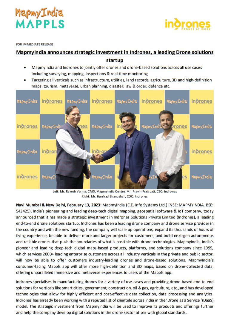 MarketVedantA's tweet photo. MapmyIndia announces strategic investment in Indrones, a leading Drone solutions startup

#CEINFOSYSTEMS #MAPMYINDIA #ANNOUNCES #STRATEGICINVESTMENT #INDRONES #DRONESOLUTIONS #STARTUP https://t.co/OsuUDRO63N
