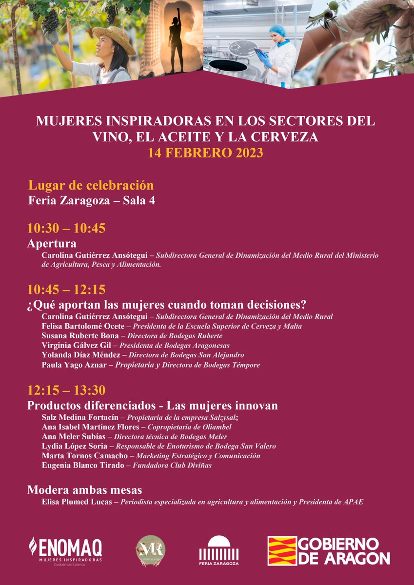 🍷 Mañana empieza una nueva edición de <a href="/Enomaq/">Enomaq</a> en la <a href="/FeriaZaragoza/">Feria de Zaragoza</a> 

👉 Y yo os recomiendo esta jornada en la que podremos escuchar a mujeres que aportan mucho a sectores como el #vino y el #aceite
