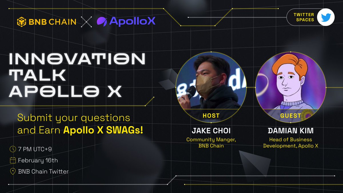 BNBCHAIN's tweet photo. BNB Chain KR Community Innovation Talk: Apollo X 🚀

📆 Feb 16 7pm (UTC+9)
📍 BNB Chain Twitter
🎁 Apollo X X BAYC T-shirts
👉 https://t.co/4APwlUmEkA https://t.co/Pk1W545niQ
