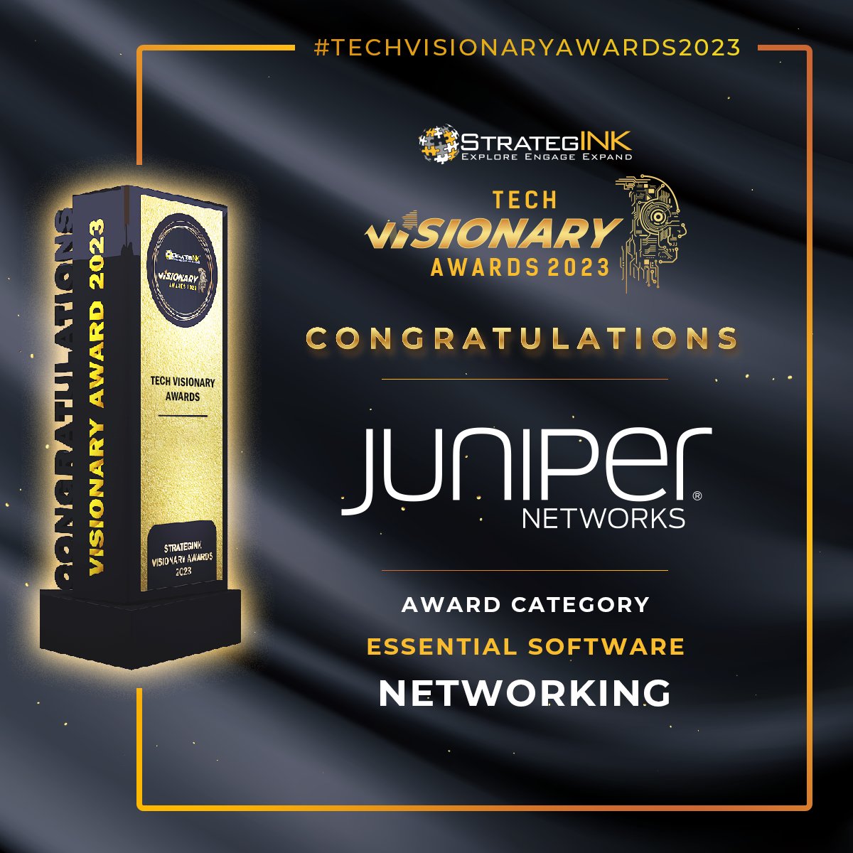 PmpSeto's tweet photo. Juniper Networks is thrilled to win the Award for Networking under Essential Software Category at the Tech Visionary Awards 2023 by StrategINK.
#VisionaryAwards #TechVisionary #StrategINK #Vision2023 https://t.co/nKXCJVwls3