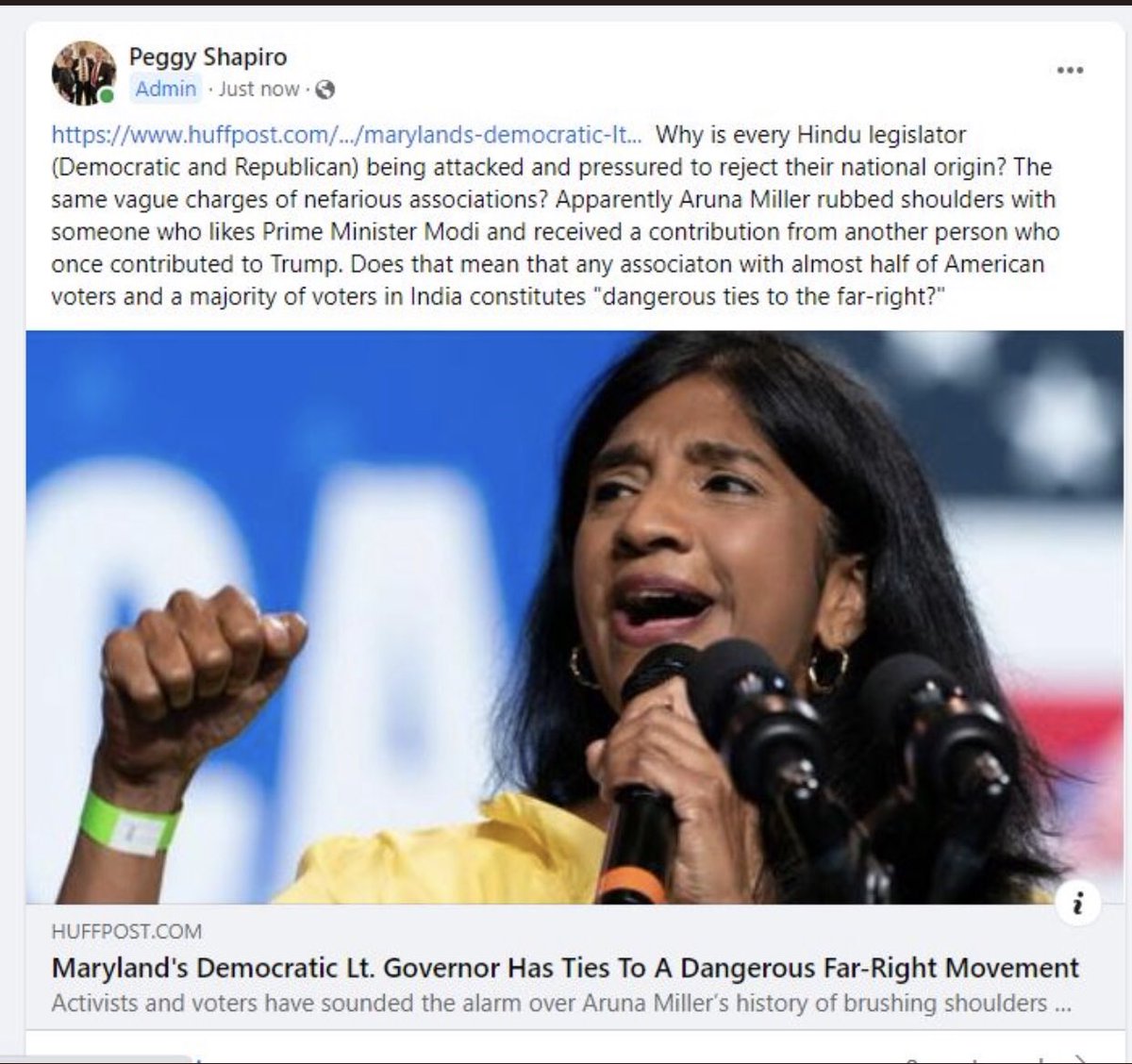 Thank you to Peggy Shapiro, National Director of StandWithUs, for speaking up in support of Aruna Miller, Maryland’s first Hindu-American Lt. Governor. Unfortunately, Islamists at the Huffington Post are attacking Lt. Governor Miller because of her association with -gasp!-