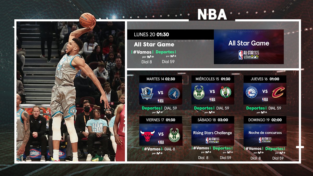 MovistarNBA's tweet photo. Semana muy especial, llega el All Star Weekend. 
Espectáculo por 3.
Canales/horarios: https://t.co/pcHtOxflVX 
#AllStarEnVamos #dormiresdecobardes https://t.co/OljAfm0QM2