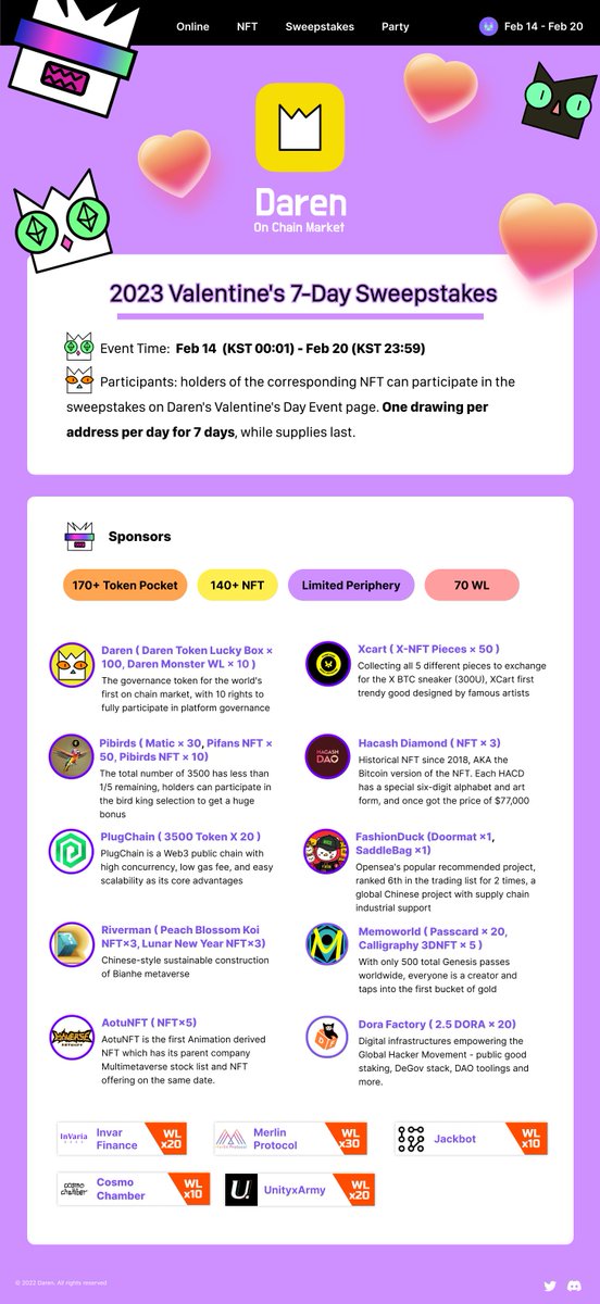 Daren_Market's tweet photo. ♥️2023 Daren Valentine's Day Sweepstakes♥️ will be officially launched tomorrow~!

During the period of Feb 14（KST 00:01）to Feb 20(KST 23:59), holders of the corresponding NFT can participate in the lottery on Daren's Valentine's Day lottery page👇🏻~!
https://t.co/0qJDZwB07F https://t.co/Z9eMmDFOnk