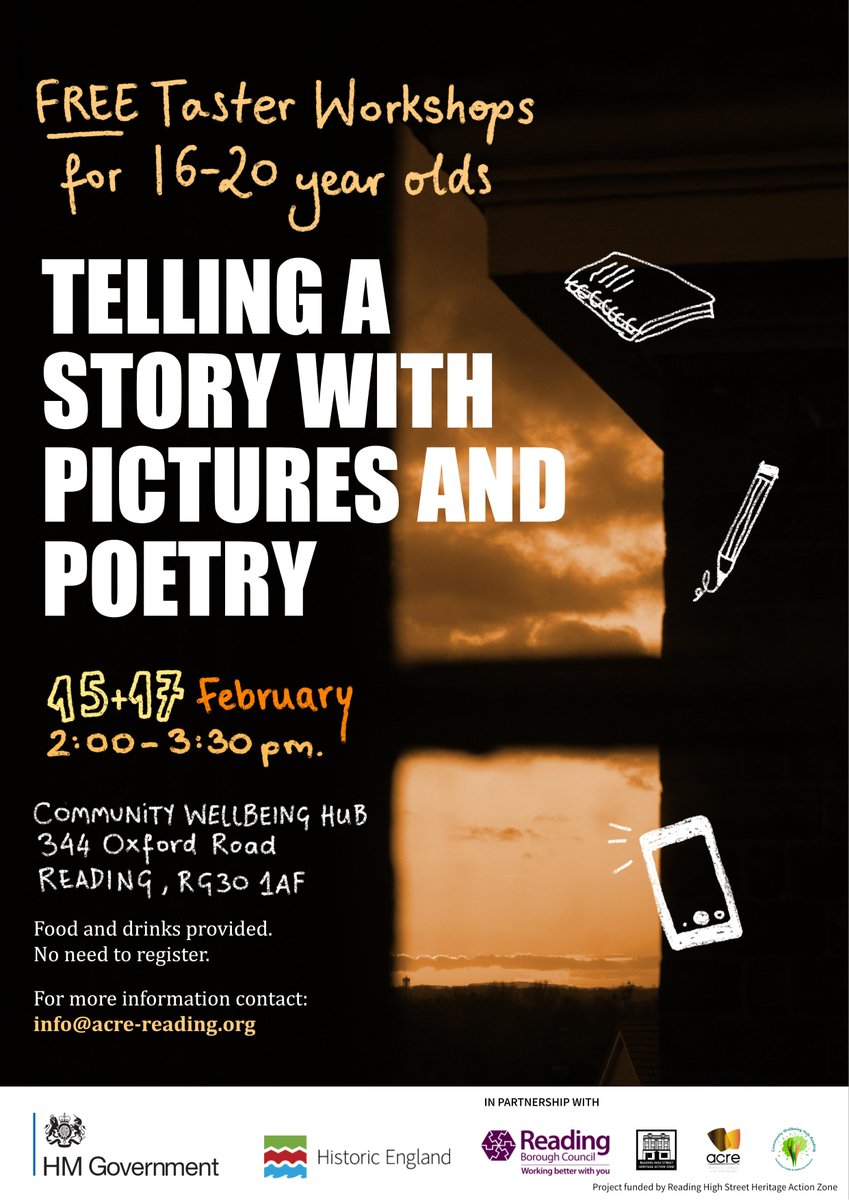 acrereading's tweet photo. Reminder:
If you are aged 16-20 and have an interest in poetry or photography, come to Acre for one of two afternoon taster sessions led by local artists Nyasher Browne and Alex Douglas.
@ReadingCouncil @HistoricEngland @hshaz_reading https://t.co/qFwuF3oHlk