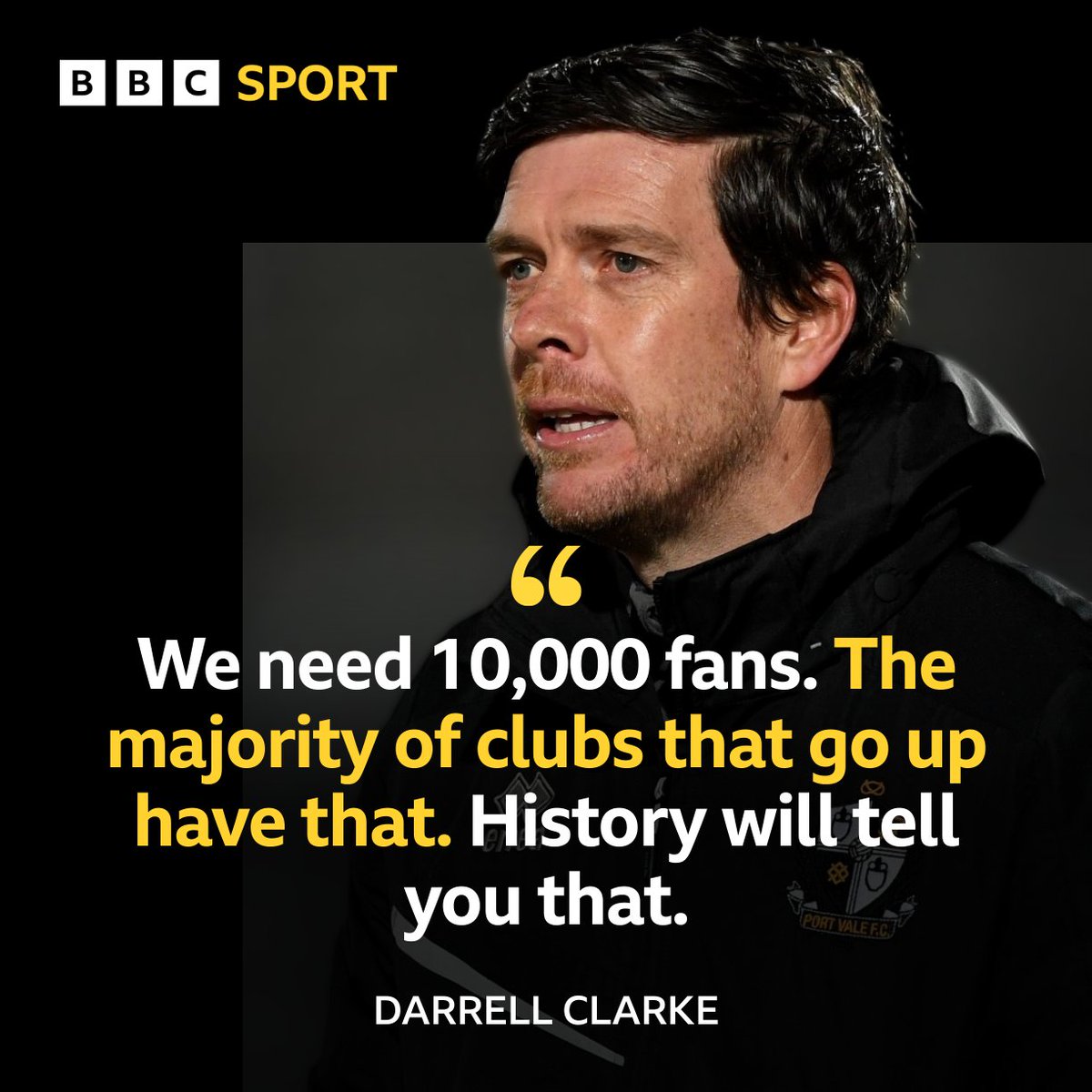 BBCStokeSport's tweet photo. ⚫️⚪️ #PVFC boss Darrell Clarke reckons 10,000 fans are needed to help get the club promoted from League One.

🔊Vale are back in action against Barnsley on Tuesday, hear all the build up here from 6pm: https://t.co/IEXysTQzkm https://t.co/i0kNWW2JLJ