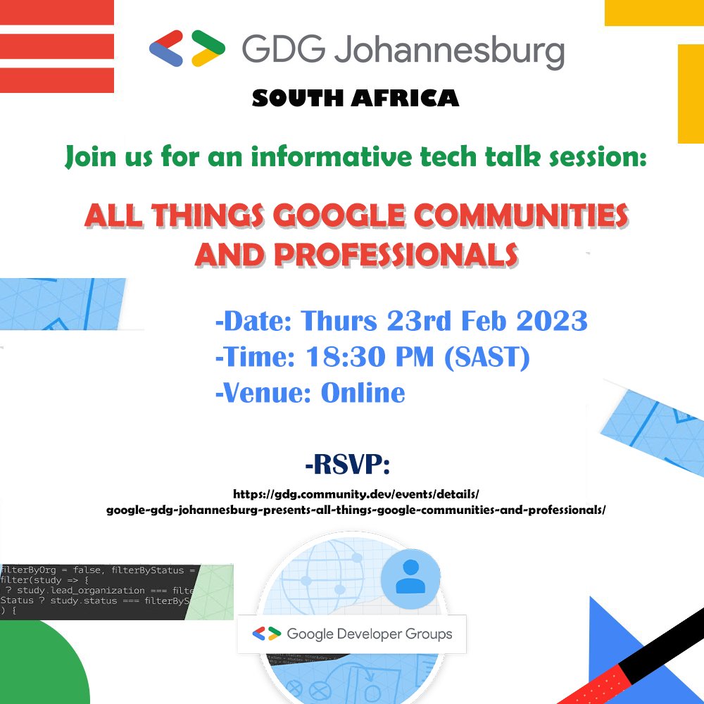 'All things Google communities and professionals' 23rd Thursday 18:30 PM SAST You don't want to miss this informative session with our amazing panelist: @iamStepaul @little_mugisu @ShekinahManyi @JustJessZA @ricknout @miracle_404 RSVP link: rb.gy/zf5yb5