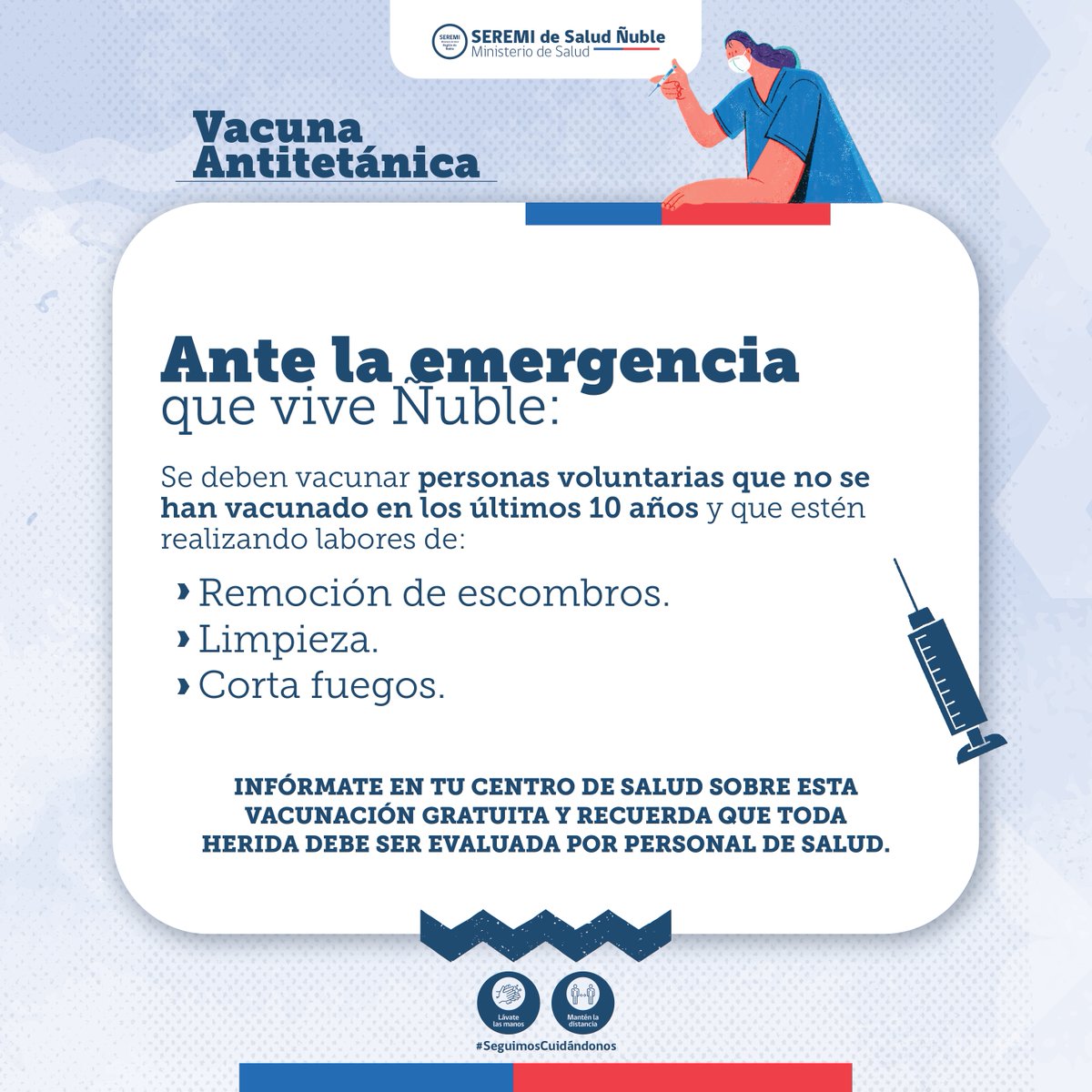 SeremiSalud16's tweet image. 👉 Si estás removiendo escombros de #IncendiosForestales y no te has vacunado contra el tétanos en los últimos 10 años, estás dentro del grupo objetivo para administrarte la vacuna antitetánica 💉
🏥 Acude a tu vacunatorio más cercano y solicítala gratis. 

#SeguimosCuidándonos
