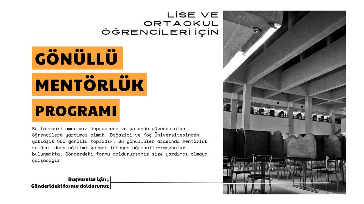 Depremden etkilendiyseniz, özel ders ve mentörlüğe ihtiyacınız varsa lütfen aşşağıdaki formu doldurunuz. Sizlere elimizden geldiğince yardımcı olmaya çalışacağız. Sizlere yardımcı olmak isteyen yaklaşık 500 tane Koç ve Boğaziçi üniversitesi öğrencisi var.
docs.google.com/forms/d/e/1FAI…