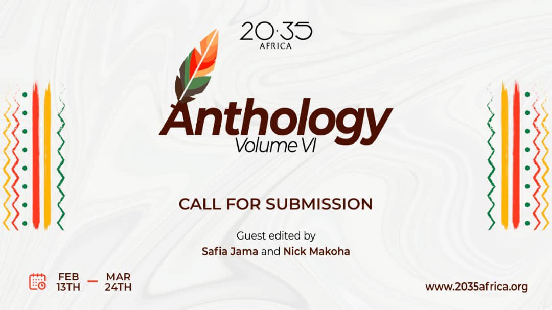 CALL FOR SUBMISSIONS:

We are currently accepting submissions for the sixth volume of our anthology series, 20.35Africa: An Anthology of Contemporary Poetry Vol VI, guest-edited by Safia Jama and Nick Makoha.

Submission Window: 13th February- 24th March 2023.