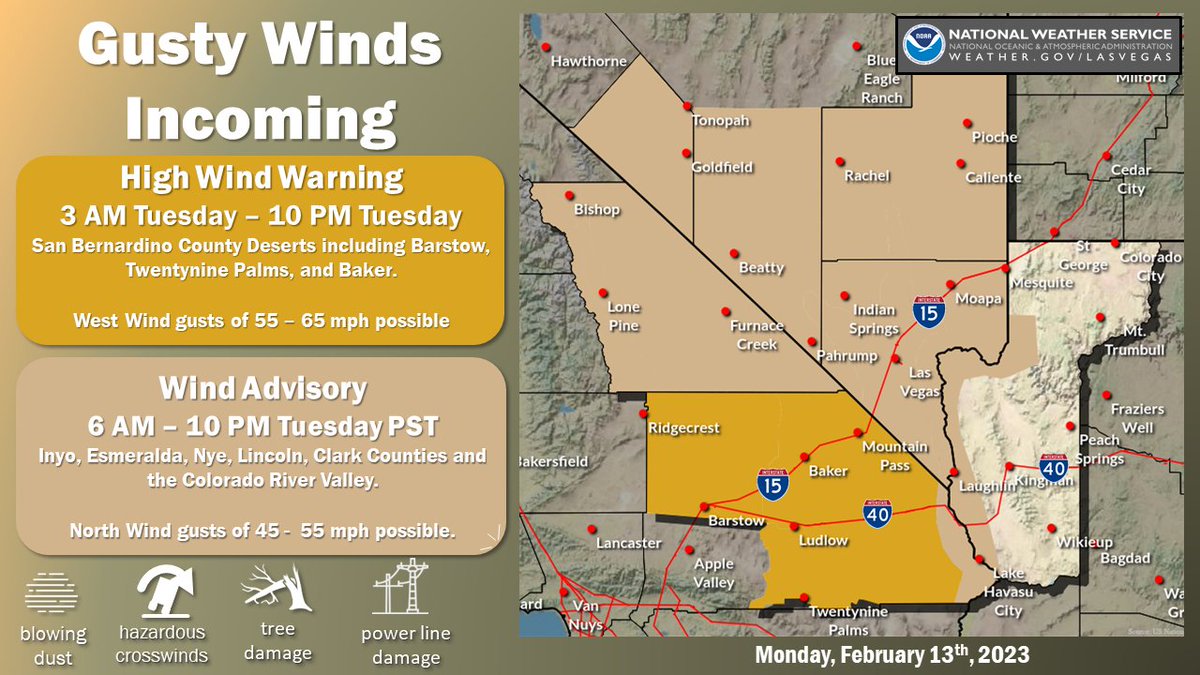 NWSVegas's tweet photo. Heads up! Gusty winds will be returning on Tuesday, so take advantage of the calmer weather today to secure any loose items or bring them indoors! #nvwx #cawx #azwx https://t.co/yVVkCc8Dbp