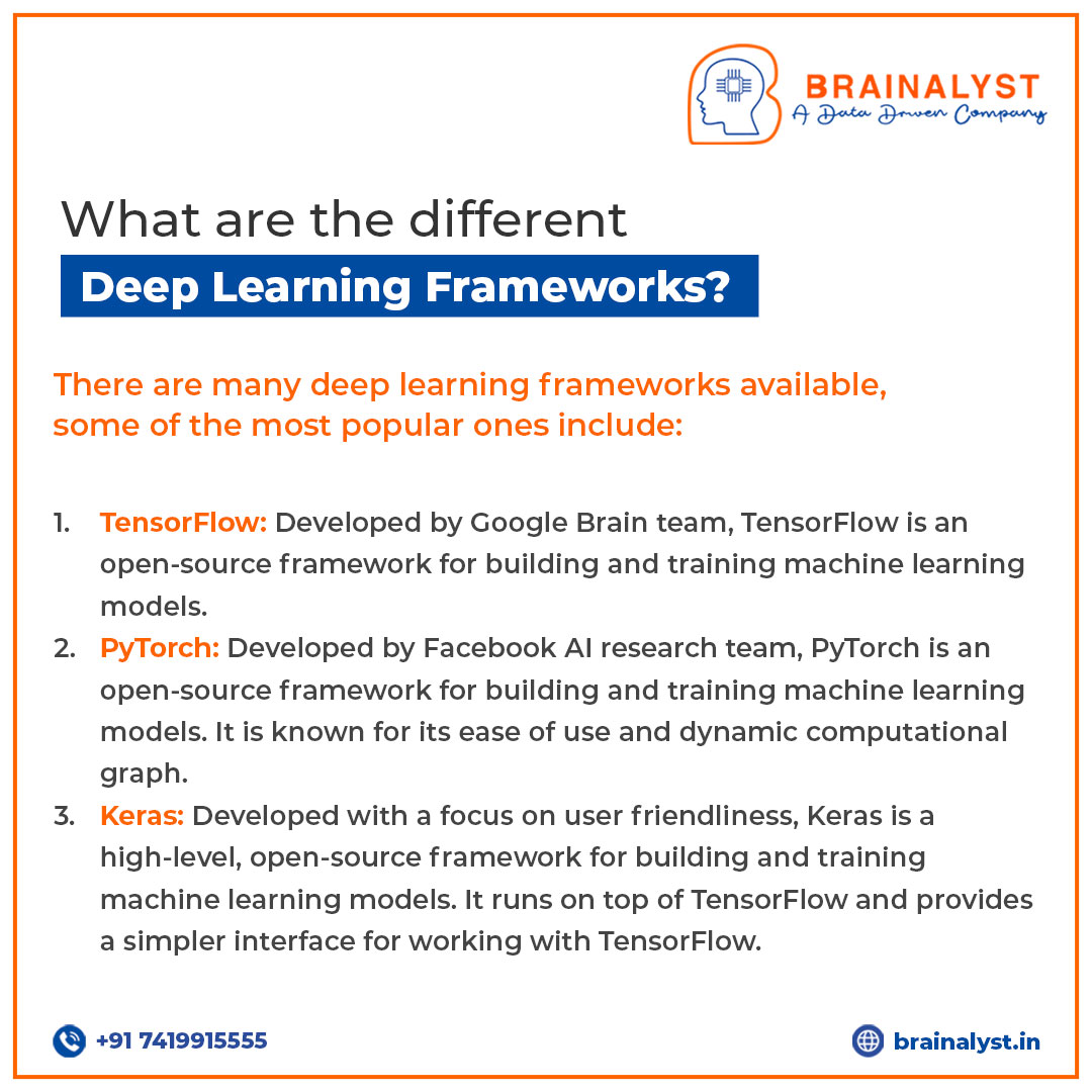 Brainalystindia's tweet image. There are many deep learning frameworks available, some of the most popular ones include:
#deeplearning #deeplearningalgorithms #machinelearning #ai #artificialintelligencetechnology #data #datascience #dataanalytics #datacollection #brainalyst #cloudcomputing