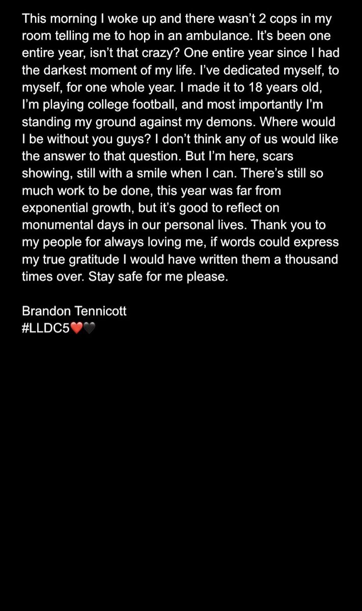 BrandonTenn's tweet photo. It took my a little to comprehend, but last Tuesday was 1 year since my hospitalization. Isn’t it crazy? Thank you for any time❤️🖤#LLDC5 https://t.co/9ojfkavRz3
