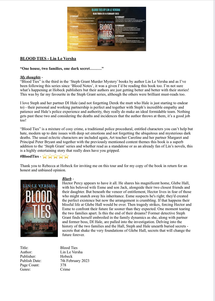 MiriamLSmith3's tweet photo. Once again it’s a pleasure to be a part of the #blogtour for @HobeckBooks & @linleversha’s 3rd in the #StephGrant murder mysteries - #BloodTies #LinLeVersha #Review
#AMothersMusings #AMothersMusingsSunderland #CrimeFiction #DIHale #BooksOfTwitter #GlebeHall #MustReads #FebRelease https://t.co/OROt8A6BA8