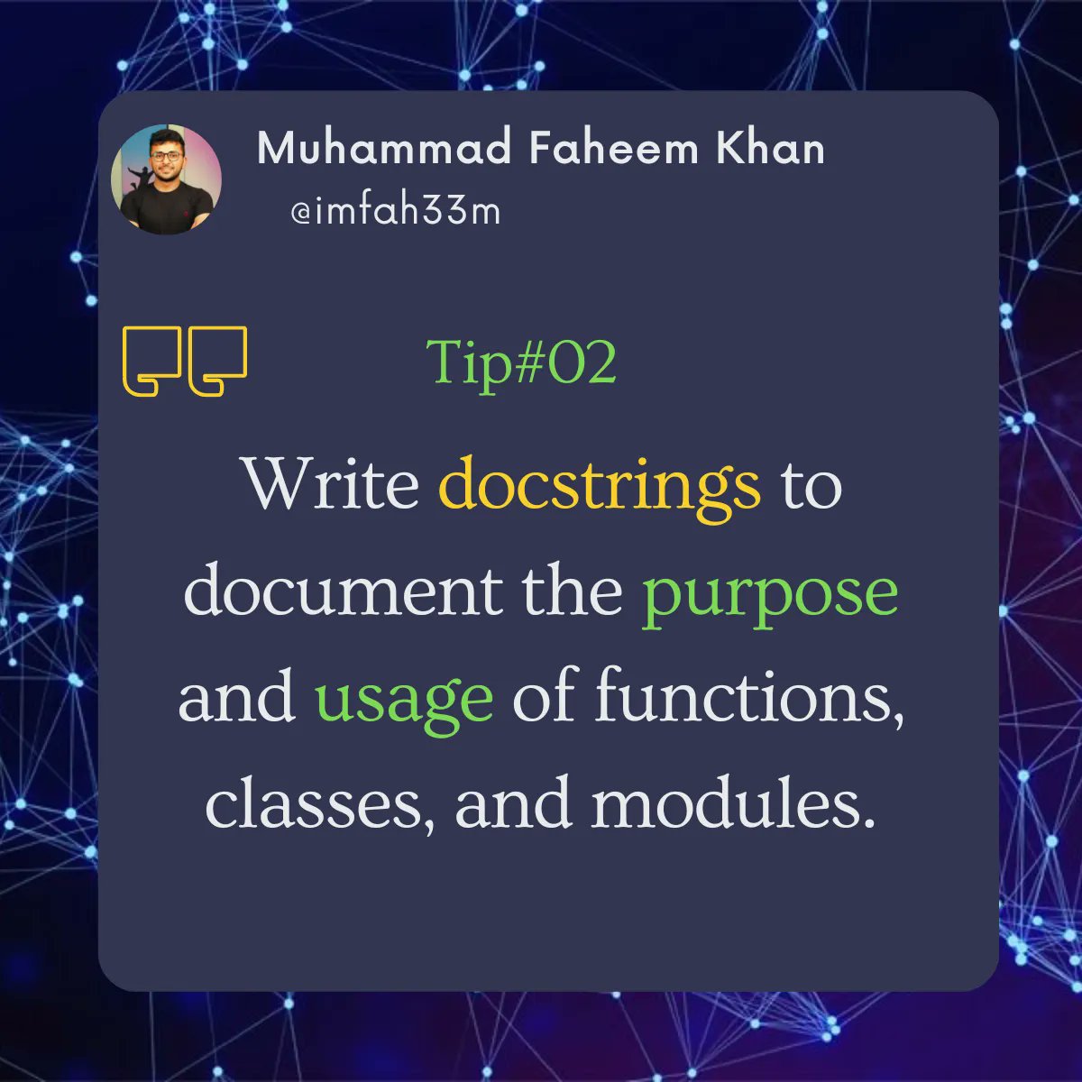 imfah33m's tweet image. Docstrings in Python are string literals that are placed as the first statement in a module, function, class, or method definition. They provide a way to describe the purpose and behavior of code, making it easier for other developers to understand and use.

#Python #Docstrings