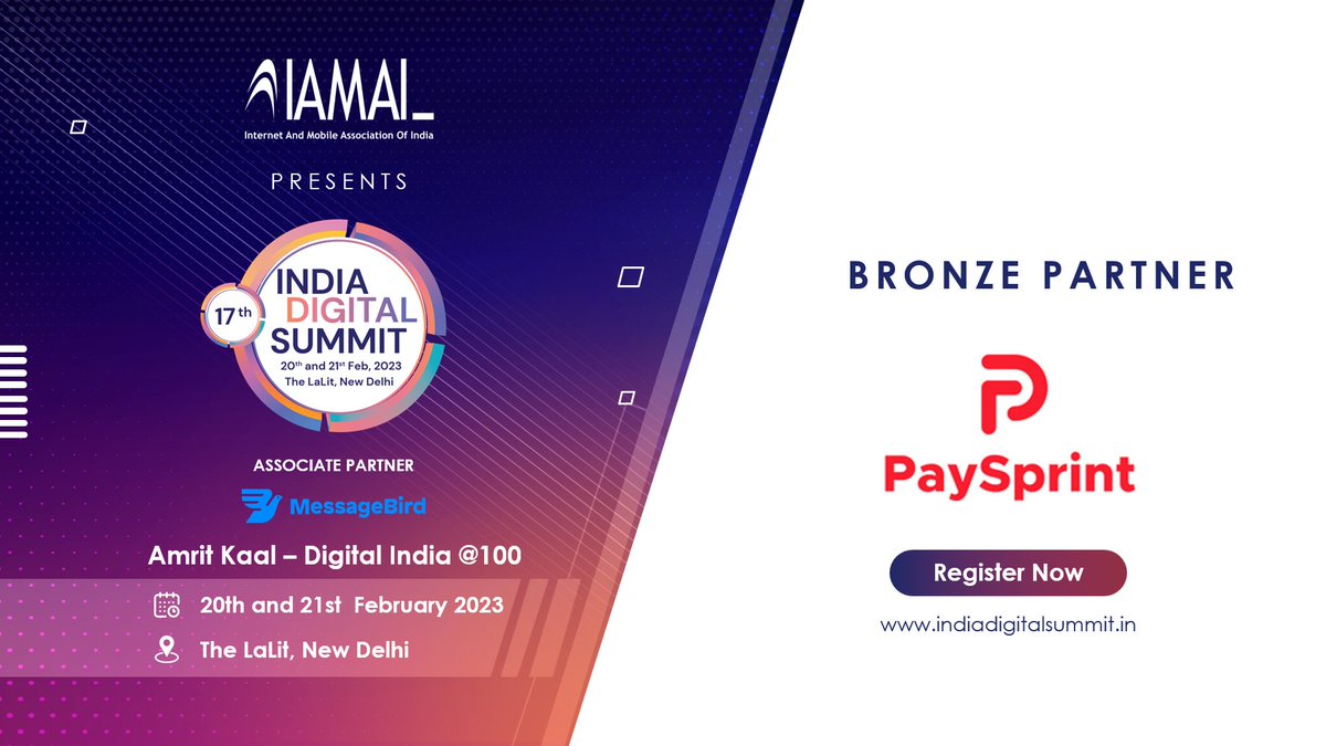 IAMAIForum's tweet photo. We are delighted to have PaySprint as our "Bronze Partner" for the leading digital summit of the year #17IDS. where we aim to bring together leading industry doyens to deliberate on the theme 'Amrit Kaal: Digital India @100'.

Grab your passes now: https://t.co/LEwFCz4iTg https://t.co/HZN0TNPhU8