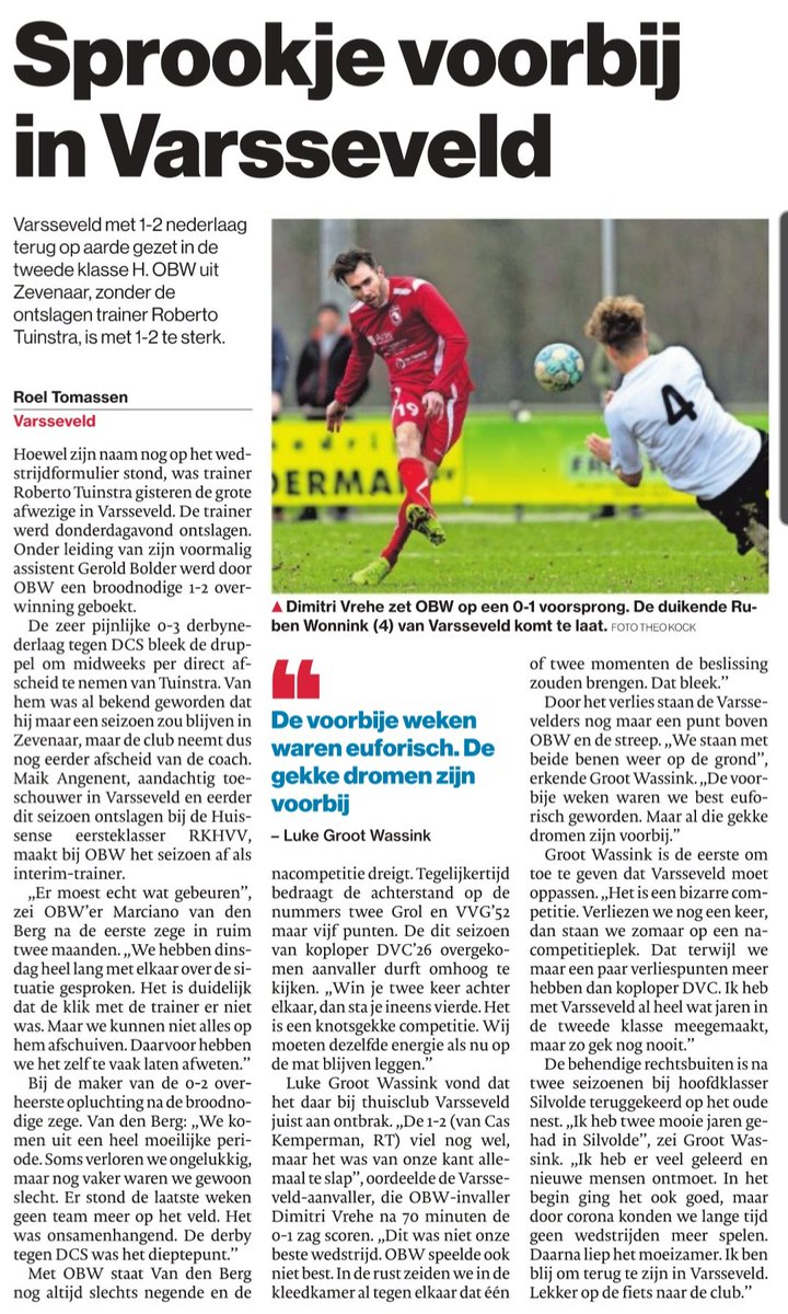 Varsseveld terug op aarde gezet in 2H. OBW wint zonder ontslagen trainer Roberto Tuinstra.