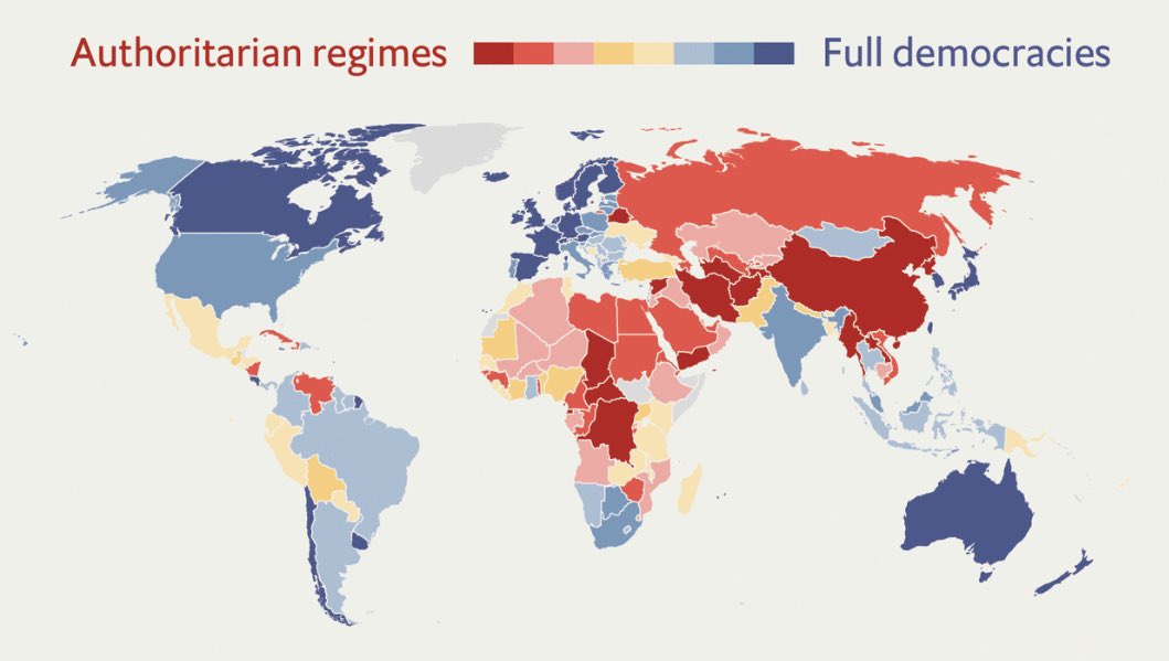 ville_valkonen's tweet image. Maailmassa on 24 täyttä demokratiaa, 48 puutteellista dem, 36 puoliautoritaarista ja 59 autoritaarista maata. Vapaan maailman pidettävä yhtä ja ryhdistäydyttävä! 🇫🇮🌏🌎🌍🗽🛡️ #demokratia #democracyindex