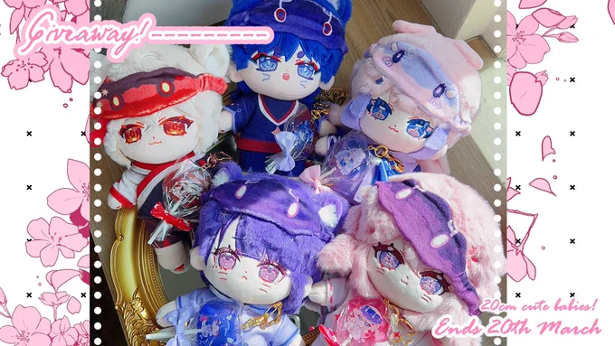 GENSHIN 20CM DOLL GIVEAWAYlike, follow + RT!comment a future baby you'd like to see! get a 20cm baby of your choice!POs are currently open if you don't want to try your luck!intl shipping ok!Good luck   