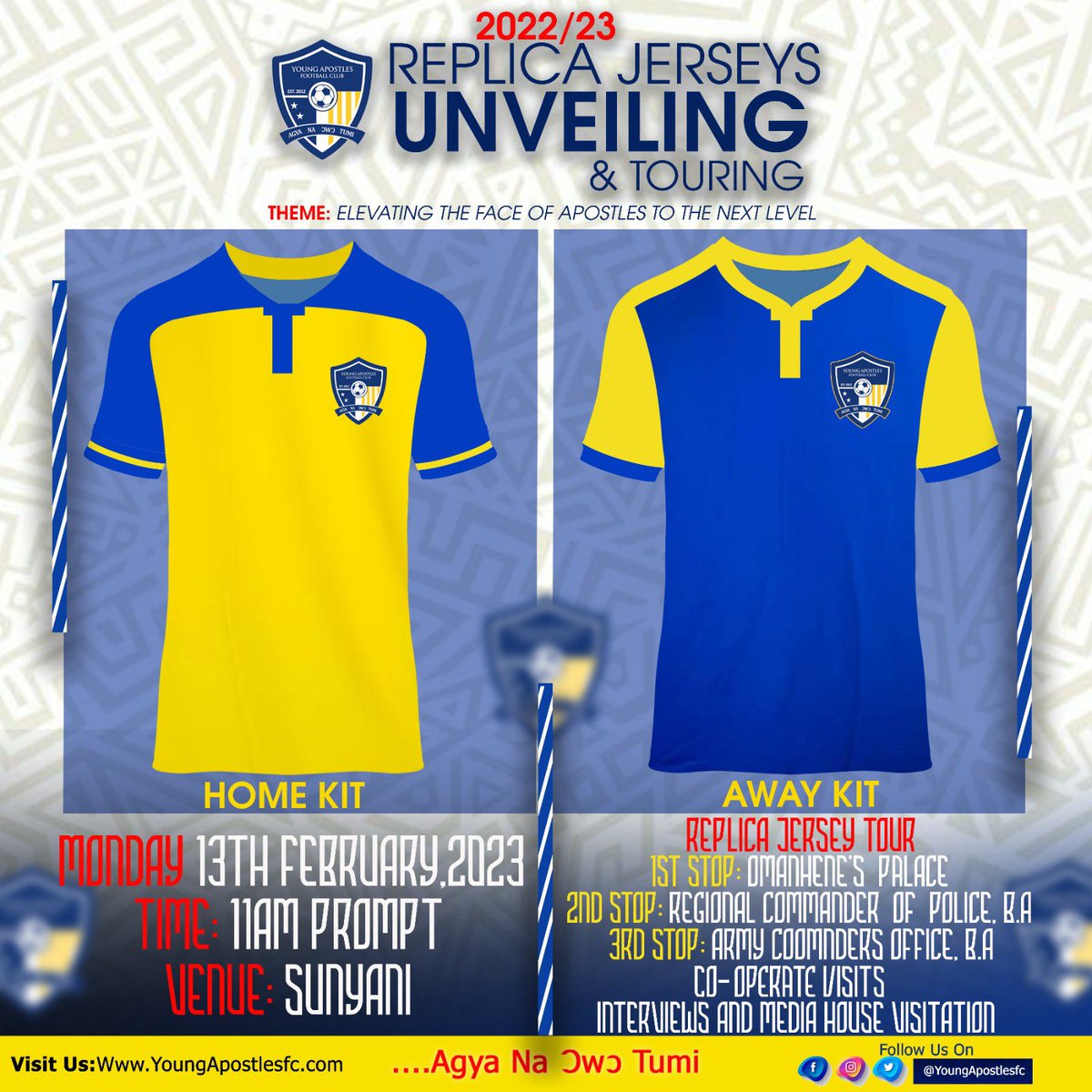 We are glad to announce the unveiling of our replica jerseys today 11am  in Sunyani with the following activities 💛💙💛💙🙏🙏🙏🔥🔥

<a href="/AnimSammy/">Sammy Anim Addo</a> <a href="/ghanafaofficial/">🇬🇭 Ghana Football Association</a> <a href="/DivisionOneGH/">🇬🇭 Access Bank Division One League</a> <a href="/AccessBankGhana/">Access Bank Ghana Plc</a>