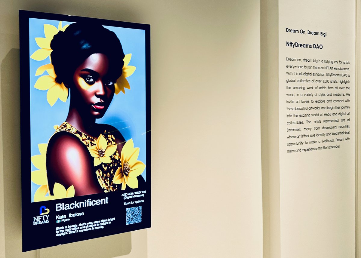 techbubble's tweet photo. Missing Dubai and #DreamOnDubai a bit. 

Lots of exciting action coming up including BUY (woohooo!) and Metaverse!

This shot with the manifesto on the wall and art by @keerigirl is one of my faves. 💙💛 https://t.co/C4NzEL4h0y