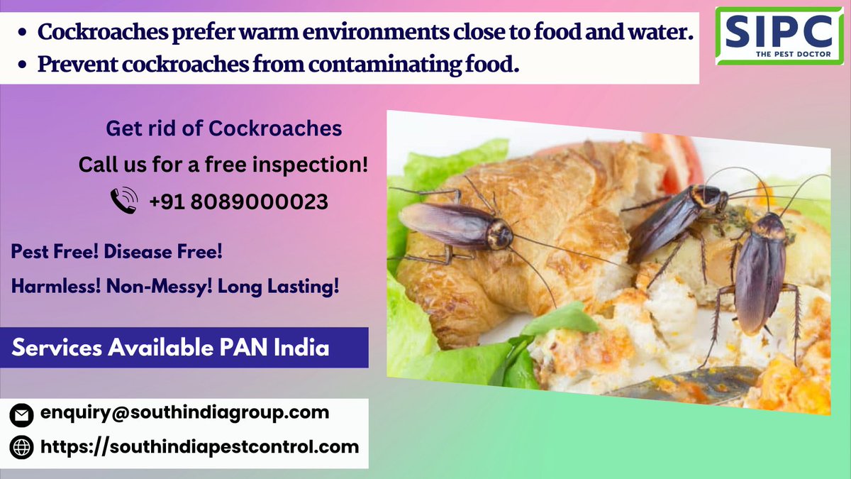 sipcpestcontrol's tweet photo. Cockroaches prefer warm environments close to food and water. Prevent cockroaches from contaminating food with the help of SIPC. https://t.co/3DdTiayfEj #pest
8089000023 #cockroaches #cockroachcontrol #cockroachcontrolservice #cockroachgel #cockroachkiller #pestcontrol #roach https://t.co/a2jUp8XmD5