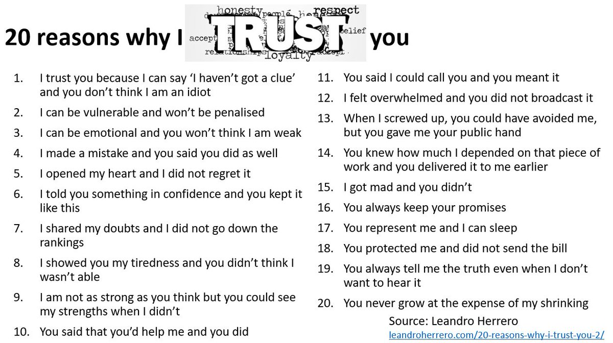 Helen Bevan (@helenbevan) on Twitter photo Trust makes a very big difference to team productivity & performance. Without trust, people withhold their talents, creativity, energy & passion. As leaders, we build trust through our every word & deed. 20 reasons why people trust us by <a href="/LeandroEHerrero/">Dr Leandro Herrero</a>: leandroherrero.com/20-reasons-why… Trust makes a very big difference to team productivity & performance. Without trust, people withhold their talents, creativity, energy & passion. As leaders, we build trust through our every word & deed. 20 reasons why people trust us by <a href="/LeandroEHerrero/">Dr Leandro Herrero</a>: leandroherrero.com/20-reasons-why…