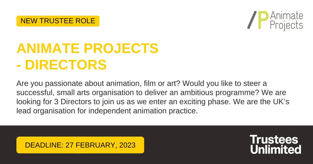 *** NEW DIRECTOR ROLE ***

@AnimateProjects is seeking 3 Directors to join us as we enter an exciting phase.

Deadline: 27 February

More info: ow.ly/tAL350MHyqT

#Leadership #Governance #CharityTrustee #VolunteerRole #CharityJob