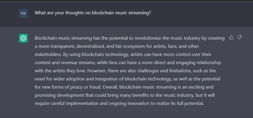 RhythmBSC's tweet image. AIs thoughts on blockchain music streaming... @OpenAI 🎵🎶

@BNBCHAIN 
#Rhythm #music #blockchain #NFT #NFTCommunity #Crypto #altcoins #BNB #ETH #BSC #Web3 #AI #ArtificialIntelligence