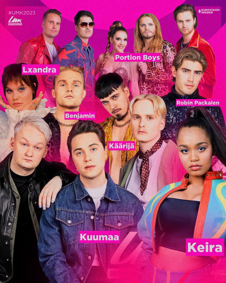 🇫🇮 The running order of the UMK 2023 final has been presented:

1. Robin Packeln
2. KUUMA
3. Kääirja
4. Keira
5. Benjamin
6. Lxandra
7. Portion Boys

The final will take place on February 25th. 

#Eurovision2023 #UMK2023 #Finland