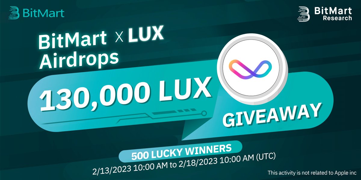 🌟BitMart X LUX  Listing Airdrop!

1⃣Follow <a href="/BitMartResearch/">BitMart Research｜$BMX HODLer</a> &amp; <a href="/BitMartExchange/">BitMart</a> &amp; <a href="/LuxWorld_/">LuxWorld</a>
2⃣Join t.me/BitMartExchang… &amp; t.me/luxworldcommun…
3⃣RT&amp;Tag 3 friends
4⃣Fill out:forms.gle/UiYeZwCmPUqL3X…

🥳 130,000 $LUX/ 500 winners 
Register👉 bitmart.com/register-refer…