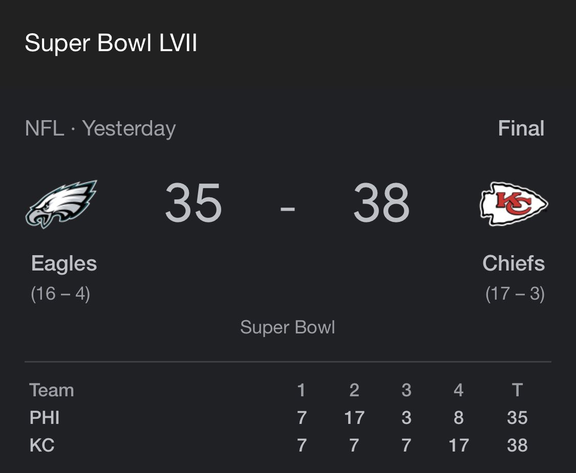 What a superb #SuperBowl—a matchup of very talented teams that had everything in it!
A big “thanks” to the @Chiefs (and congrats) and @Eagles (hard luck) for showing us all what great football is all about
(And what a humbling experience for us @nyjets fans seeing what’s needed!)