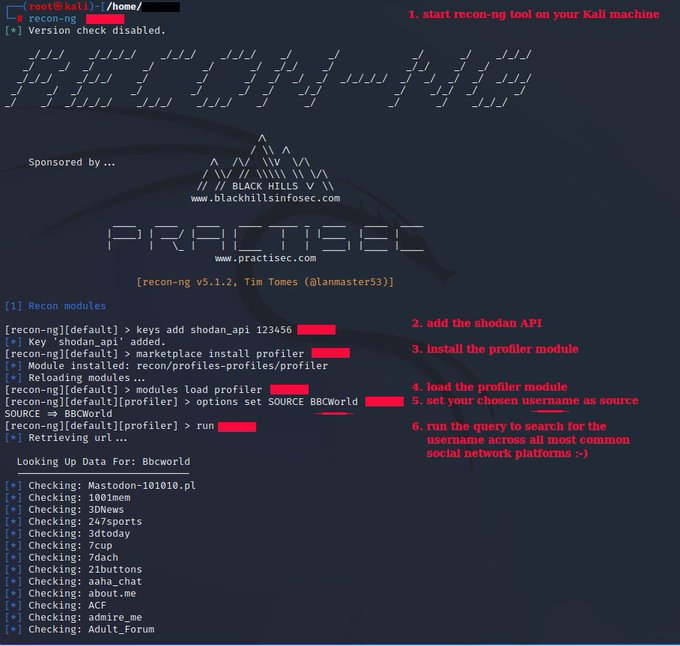 AnonymousH4ck35's tweet photo. Using recon-ng to trawl social networks to find a username - my simple walk-through of #reconng on a #Kali machine. https://t.co/z9qRyeBbqS