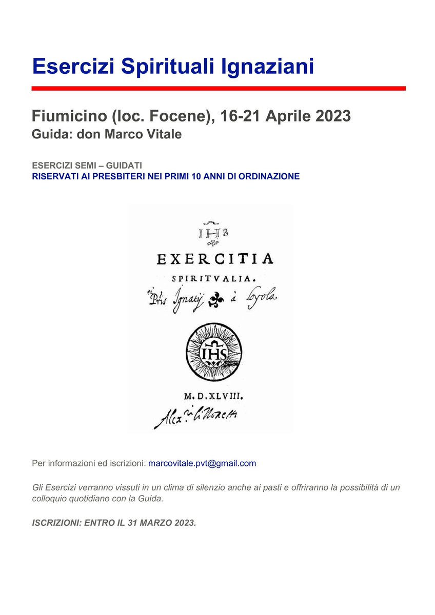 donMarcoVitale's tweet photo. 🗓️16(cena)-21(pranzo) Aprile 2023
🌎 Fiumicino (loc. Focene)
ℹ️ marcovitale.pvt@gmail.com 

#EserciziSpiritualiIgnaziani dedicati ai #presbiteri e ai #religiosi nei primi 10 anni di ordinazione o professione religiosa. Iscrizioni entro il 31 Marzo 2023. https://t.co/q5mfEKabGV