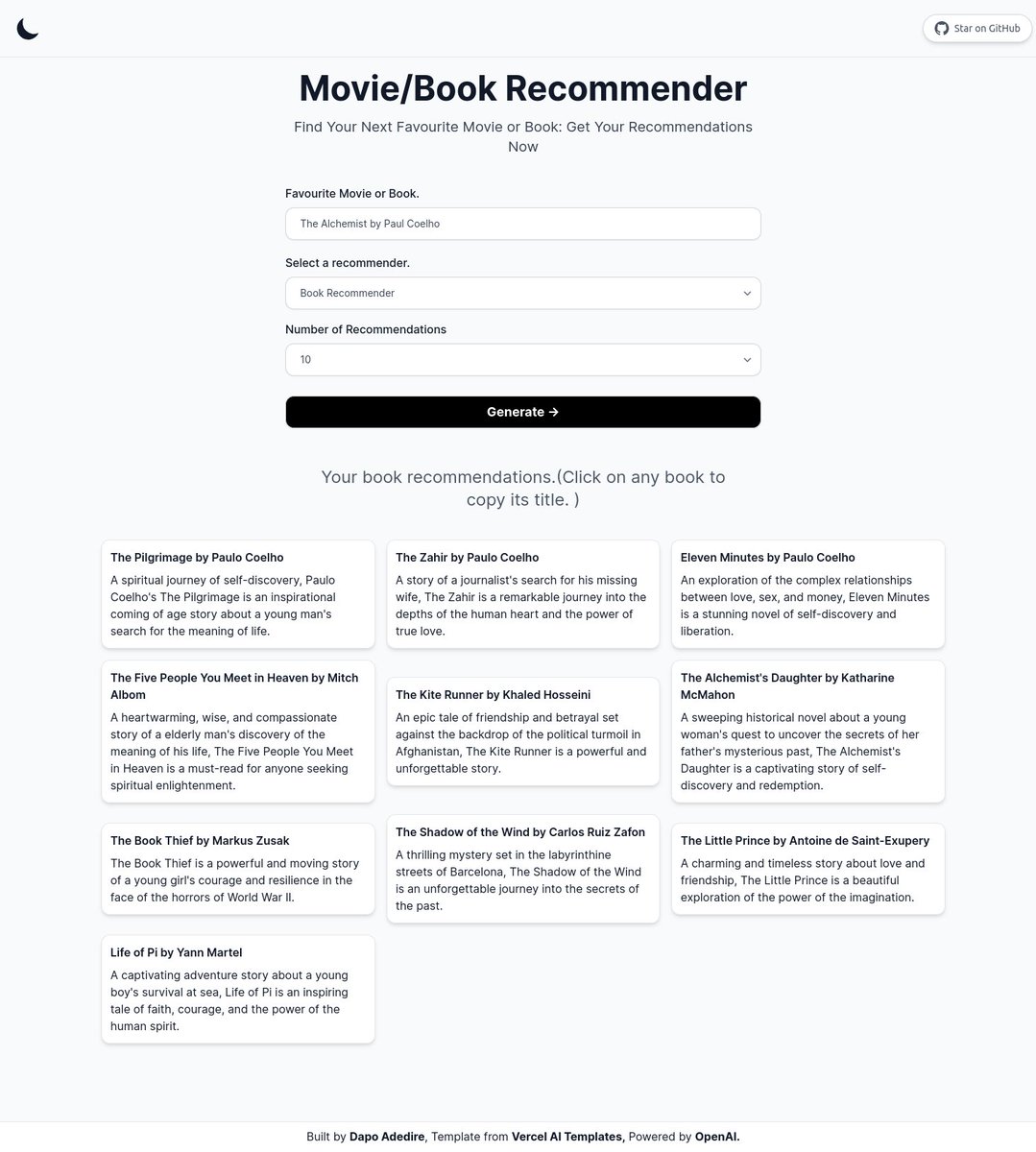 Hello everyone! 

I am excited to share my latest project with you all. Introducing a Movie &amp; Book Recommender powered by OpenAI GPT-3 API. Check it out at movie-and-book-recommender.vercel.app and let me know your thoughts!  #OpenAI #Vercel #WebDevelopment #AI