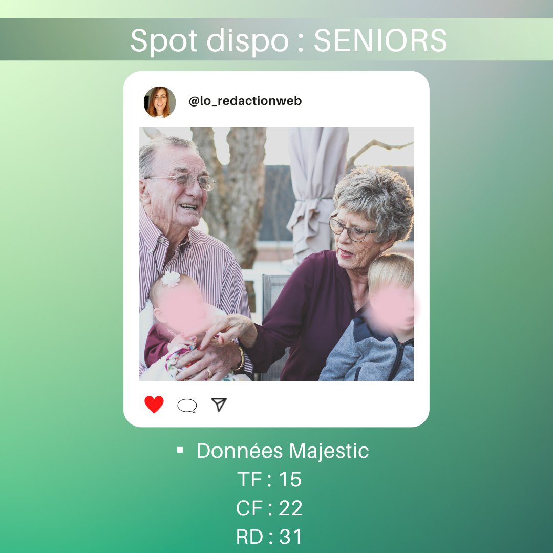 lo_redactionweb's tweet photo. 🔗 Vente de Lien 🔗
.
Bonjour tout le monde ! 😀
Aujourd'hui, je propose un site sur le thème des SENIORS
.
▪️ Données Majestic
TF : 15
CF : 22
RD : 31
.
Je rédige moi-même l'article et insère votre lien.
▪️ Prix : 30€
.
MP si intéressé(e)
.
.
#backlinks #redactionweb https://t.co/8UHIZgbNGw