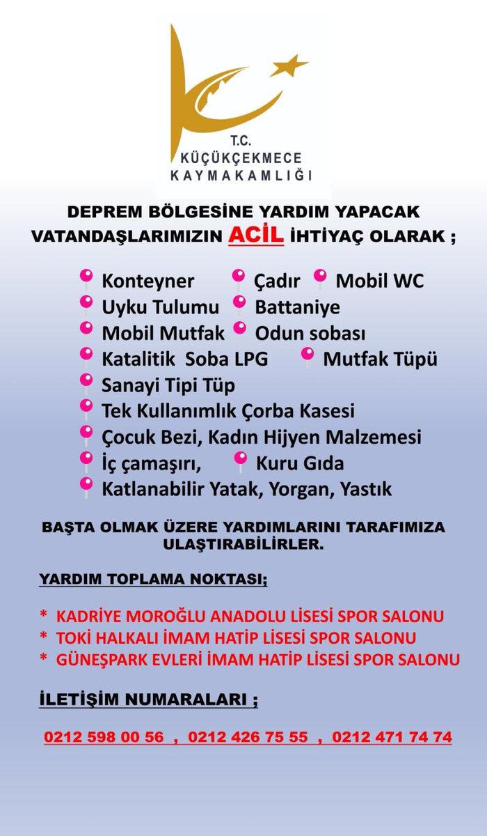 Deprem bölgesi ACİL ihtiyaç listesi. Sayın velilerimiz, depremzede kardeşlerimize yapacağınız yardımlarda afişte yer alan listeyi dikkate almanız önem arz etmektedir. Yardım noktalarımız afişte yer almaktadır. <a href="/tcmeb/">Millî Eğitim Bakanlığı</a> <a href="/memleventyazici/">Levent Yazıcı</a> <a href="/muratgozudok1/">Murat Gözüdok</a>