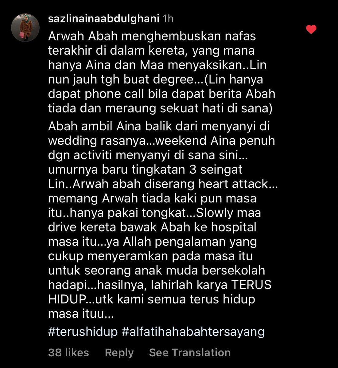 DvoteeAina's tweet photo. Kak Lin (Kakak kepada Aina Abdul) kongsi kisah pemergian arwah Abah mereka. Aina Abdul tujukan persembahan lagu Terus Hidup di #AJL37 buat arwah. Al-fatihah. https://t.co/IRvsP9LeLq