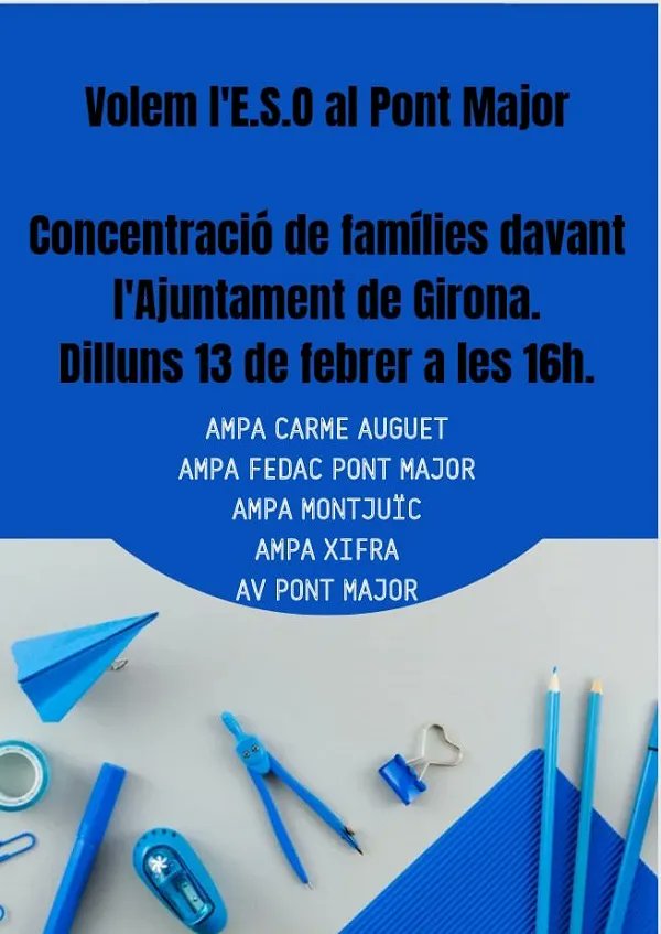AmpaXifra's tweet photo. Aquesta tarda diferents AMPA i AV de #Girona defensarem davant l'Ajuntament la continuïtat dels estudis d'ESO al barri de #PontMajor.
Us hi esperem! https://t.co/xfVCrvuG2C