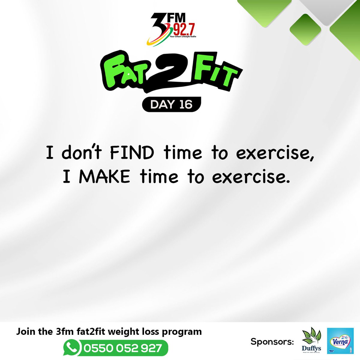 Fat2FitGh's tweet photo. Day 15 of Season 9 #3FMFat2Fit 60-Day Weight loss challenge. You have to make time to exercise or you never would. @3fm927
Fat2Fit; Lose Weight the Right Way! #fattofit #newyearnewyou #loseweightnaturally #fitness #eathealthyfood #diet #loseweightnow #weightlossjourney #exercise https://t.co/HgeEQmWAiN