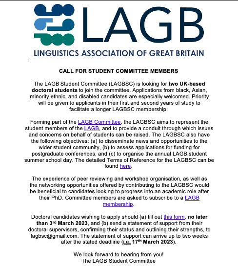 ✨Please RT! ✨We are looking for *two* new committee members. This is a great opportunity for doctoral students to get committee experience.

Fill in this form: forms.gle/i1xJzYDzKjtBg1…

For the full call with clickable links, visit: lagbstudents.wordpress.com/call-for-new-m…