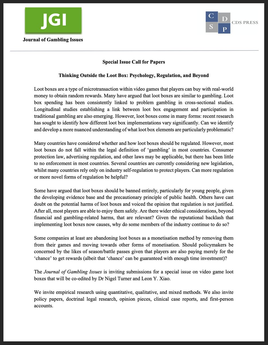 Leon Xiao (@leonxiaoy) on Twitter photo Exciting news for #LootBoxes #VideoGames #Monetisation researchers! 🎰 🎮
I am co-editing a special issue of <a href="/JGamblingIssues/">JournalGamblingIssues</a> with Dr <a href="/Nigel_Turner99/">nigel turner</a>:
“Thinking Outside the Loot Box” 🎁 🤯
Submissions can be from any discipline.
More info: osf.io/qa3ht
Please RT! Exciting news for #LootBoxes #VideoGames #Monetisation researchers! 🎰 🎮
I am co-editing a special issue of <a href="/JGamblingIssues/">JournalGamblingIssues</a> with Dr <a href="/Nigel_Turner99/">nigel turner</a>:
“Thinking Outside the Loot Box” 🎁 🤯
Submissions can be from any discipline.
More info: osf.io/qa3ht
Please RT!
