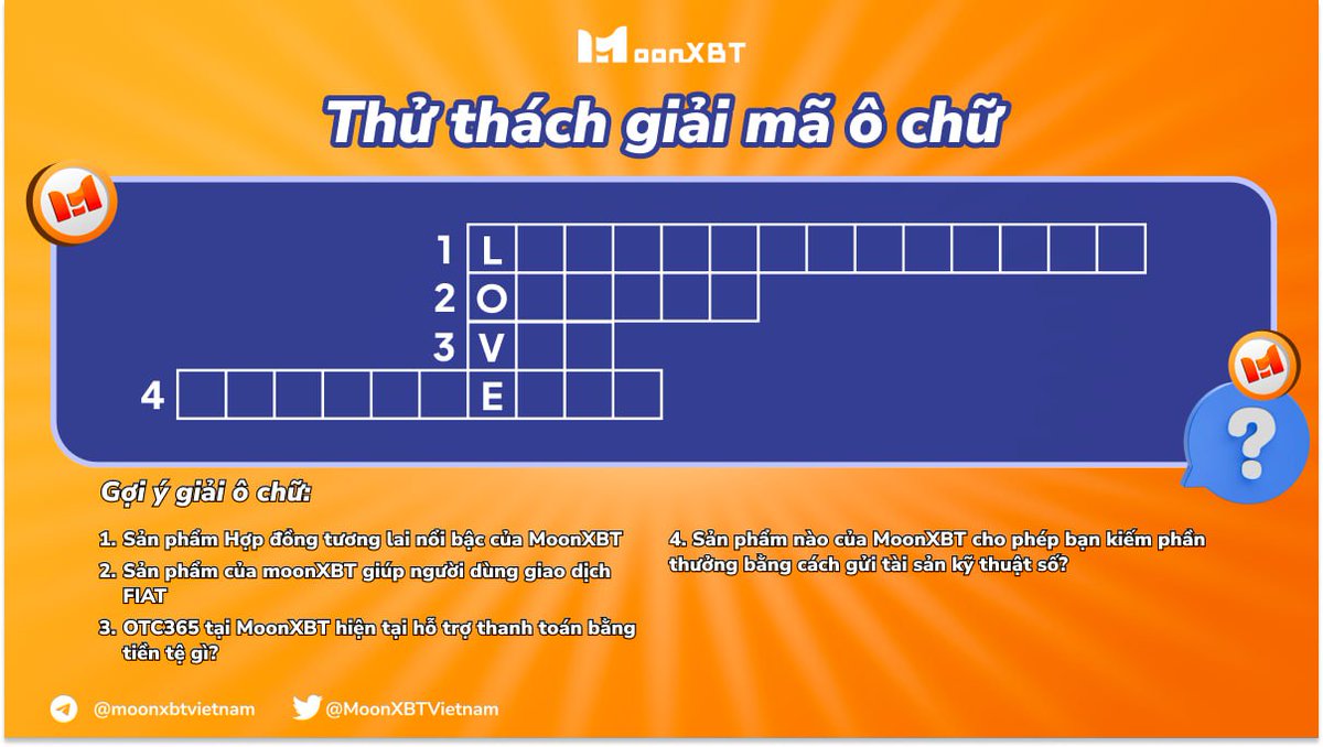 MoonXBT Vietnam (@moonxbtvietnam) on Twitter photo 🚀Tìm từ liên quan đến MoonXBT và điền vào các ô trống🚀
⏰15:00 ngày 13/2 đến 15:00 ngày 16/2 (UTC+7)
✅Follow <a href="/MoonXBTVietnam/">MoonXBT Vietnam</a>
✅Like+RT+Tag 3 friends
✅Bình luận đáp án của bạn kèm theo hastag #MoonXBT
🎁Giải thưởng 100$ trading Bonus dành cho 10 người may mắn 🚀Tìm từ liên quan đến MoonXBT và điền vào các ô trống🚀
⏰15:00 ngày 13/2 đến 15:00 ngày 16/2 (UTC+7)
✅Follow <a href="/MoonXBTVietnam/">MoonXBT Vietnam</a>
✅Like+RT+Tag 3 friends
✅Bình luận đáp án của bạn kèm theo hastag #MoonXBT
🎁Giải thưởng 100$ trading Bonus dành cho 10 người may mắn