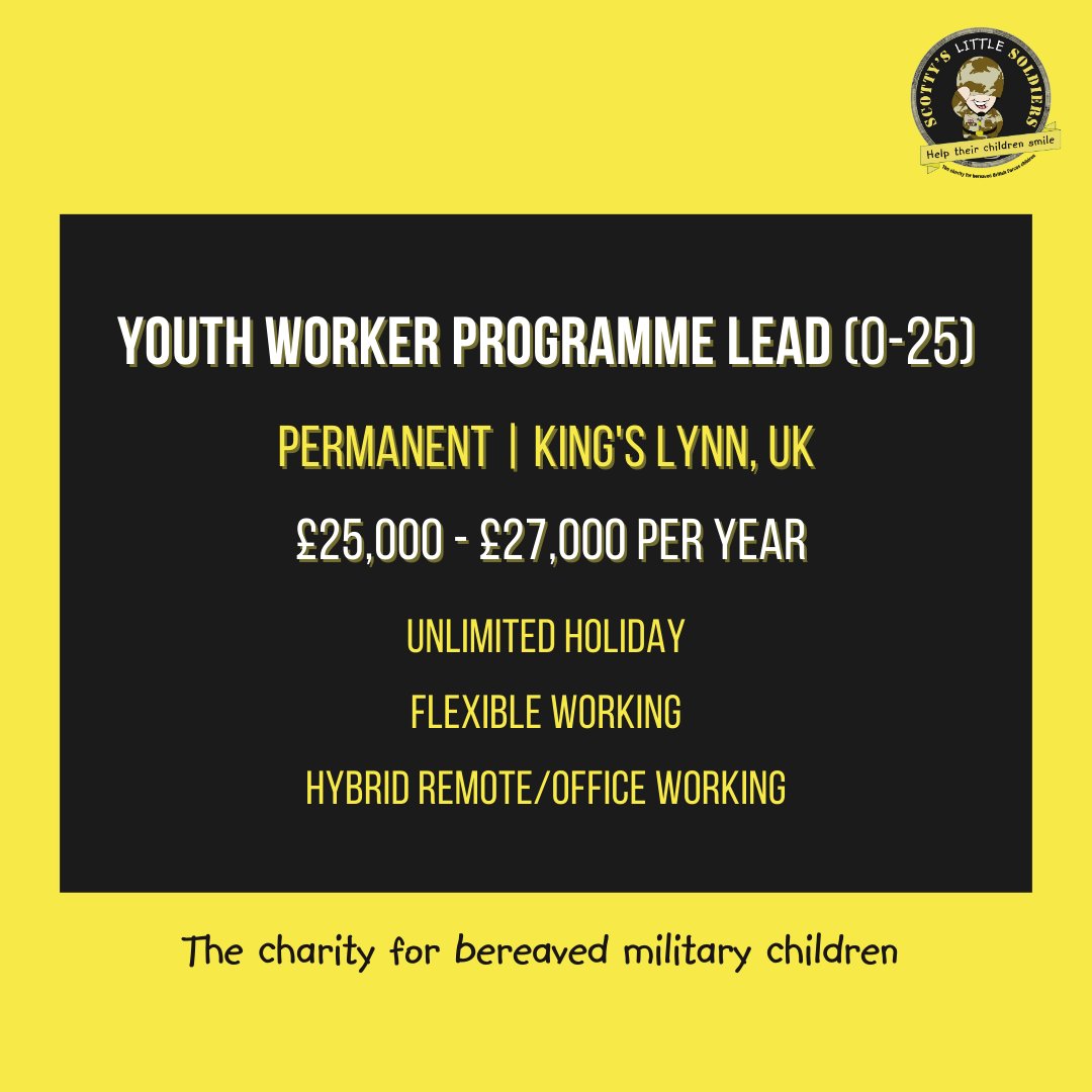 NOW HIRING! 
Charity Youth Worker Programme Lead 
Permanent | £25,000 - £27,000 per year 

Working with young people aged 0-25 in an informal education role for bereaved military children.
 
Apply: ow.ly/KLfI50MO4fE
 
#norfolkjobs #norwichjobs #cambridgejobs