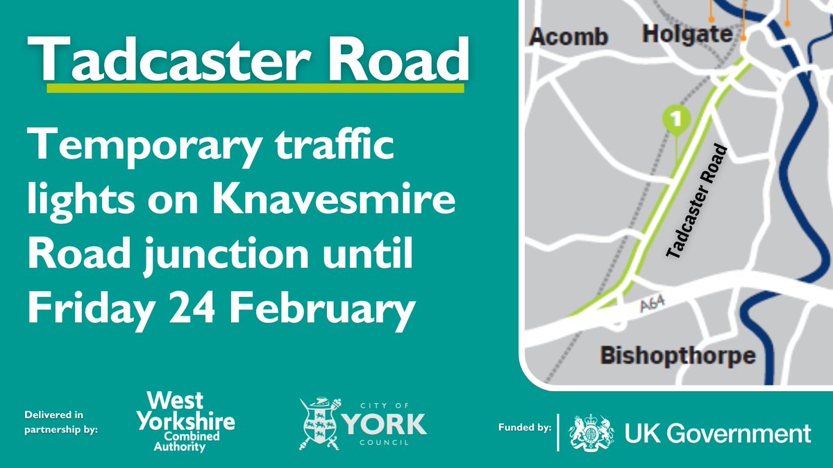 🚧⚠️Temporary 3-way traffic lights will be in operation on Tadcaster Road, at the Knavesmire Road junction, until Friday 24 February 2023.

No other temporary lights are anticipated on this stretch of road during this period.

Find out more 👇
 york.gov.uk/roadworks-clos…
