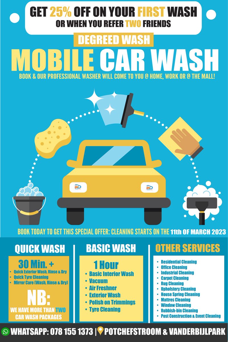 degreedwash's tweet photo. Our Team is ready to meet your vehicle for a Degreed Wash. Book today and get 25% Off on your First Wash.

Potchefstroom and Vanderbijlpark are you Ready for your Degreed Wash Experience??

#DegreedWash https://t.co/abdi5eGxyv